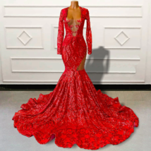 Long Sleeve Red Prom Dresses Women Sparkly Sequin Applique Elegant Eveni... - £156.03 GBP