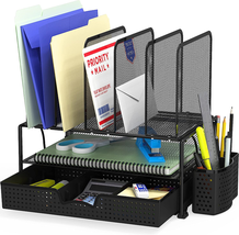 Mesh Desk Organizer with Sliding Drawer Double Tray and 5 Upright Sections-Black - £32.96 GBP