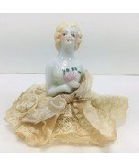 Vintage Antique Pin Cushion Porcelain Doll Satin &amp; Lace - £27.11 GBP