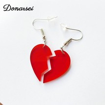 Donarsei Fashion Red Broken Heart Acrylic Earrings For Women Asymmetric Spliced  - £6.78 GBP