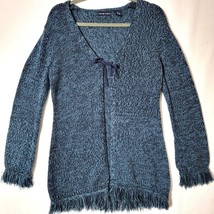 Derek Heart Womens Cardigan Sweater Size M Open Front Fringe Accent Blue - $17.46