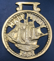 Vintage 1983 Brass Horse Bridle Medallion Half Penny Sailing Ship 3.5&quot; x 3&quot; - £14.47 GBP