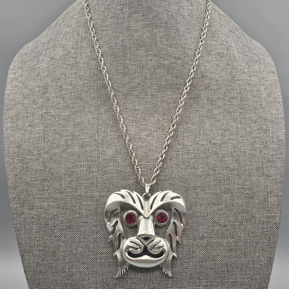 Statement Lion Head Necklace Silver Tone Figural Pendant Red Rhinestone ... - $24.99