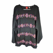 Liz &amp; Co Knit Pullover Sweater 90&#39;s Y2K Black Large Embroidered Flowers ... - $21.38