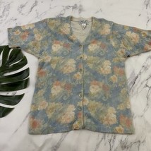 Gabriella T Vintage 90s Cardigan Sweater Size L Blue Peach Floral Linen ... - $29.69
