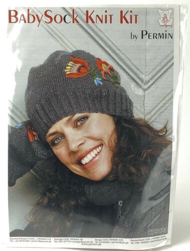 Permin Baby Sock Knit Hat Kit Wooly Gray Embroidered Flowers 875023 - $32.41