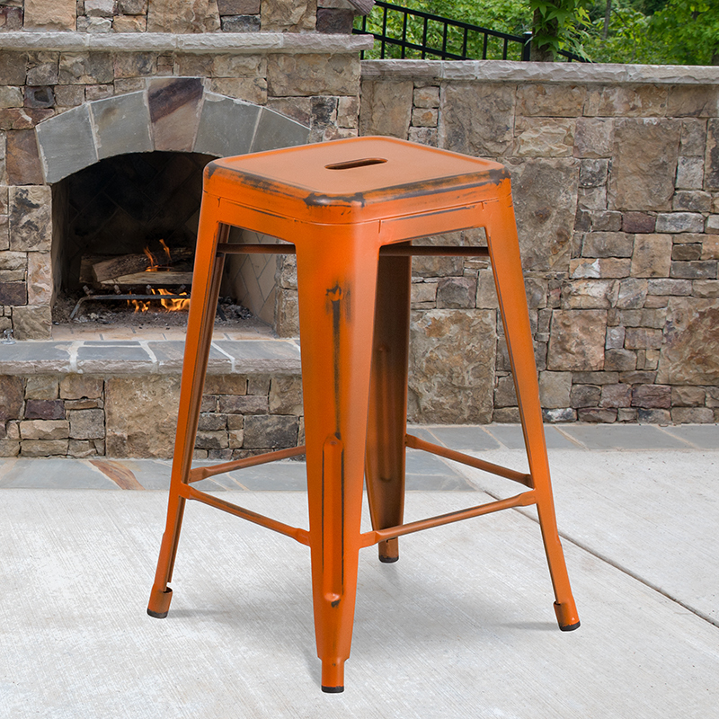 Distressed Orange Metal Stool ET-BT3503-24-OR-GG