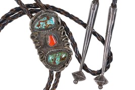 Vintage pawn Navajo Sterling/turquoise/coral bolo - £215.80 GBP