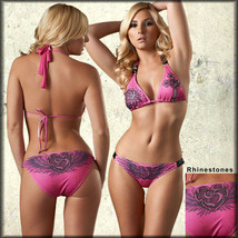 Sinful Neon Heart Rose Wings Rhinestone Pyramid Studs Womens Bikini Top Pink S-M - £31.96 GBP