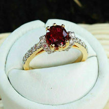 1.40Ct Oval Cut Red Garnet VVS 1 Halo Women&#39;s Pretty Ring 14K Yellow Gold Over - £65.06 GBP