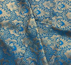 Indian Banarasi Brocade Fabric Blue &amp; Gold Fabric Wedding Dress Fabric -... - $7.49+