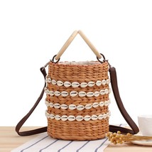 Fashion Shell Rattan Bucket Bag Wooden Round Handle Women Handbags Wicker Woven  - £45.44 GBP