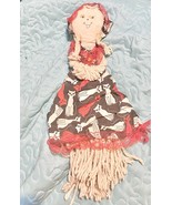 Handmade Mop Head Doll Halloween With Cat Dress Red Black White 16 Inches - $20.00