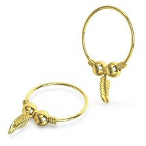 9K Yellow Gold Spring Coil end 2mm Gold Beaded 7mm Leaf Charm Nose Hoop Ring 22G - £81.76 GBP