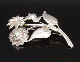 925 Silver - Vintage Antique Carved Flowers With Stem Brooch Pin - BP9574 - £69.08 GBP