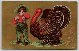 Thanksgiving Greetings Boy with Huge Turkey 1910 Denmark Maine Postcard J26 - £4.66 GBP