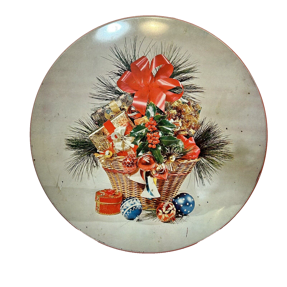 Primary image for Vintage Olive Can Co Christmas Candy Cookie Tin Basket with Ornaments 10" Round