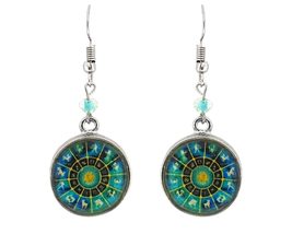 Round New Age Spiritual Astrology Zodiac Wheel Graphic Metal Dangle Earrings - W - £11.82 GBP