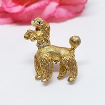 Vintage Poodle Dog Gold Tone Brooch Pin Clear &amp; Red Rhinestones - £15.88 GBP