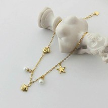 Golden Starfish Shell Pearls Charm Bracelet 18K Yellow GP Women&#39;s Station Chain - £64.23 GBP