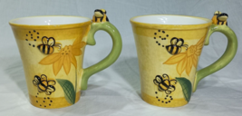 Set of 2 Pier 1 Imports 3D Bumblebee Sunflower Mugs Hand Painted Very Cute - £22.70 GBP