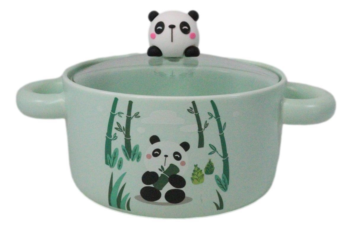 Green Curious Panda Bear Donburi Ramen Soup Bowl With Glass Lid And Handles - $19.99