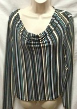 Merona Womens Sz L Striped Long Sleeve Droop Neck Shirt Black Cream Blue Tan - £9.31 GBP