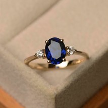 925 Sterling silver Gold plated 4.25CT blue sapphire engagement Ring Size 5.5 - £105.69 GBP