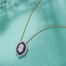 Hexagon Created Blue Sapphire  Pendant Art Deco 925 sterling silver Necklace Ann - £57.54 GBP