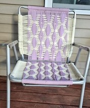 Vintage Macrame Woven Yarn Folding Aluminum Lawn Chair Lavender Purple Boho - £30.54 GBP