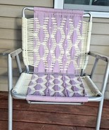 Vintage Macrame Woven Yarn Folding Aluminum Lawn Chair Lavender Purple Boho - $39.55
