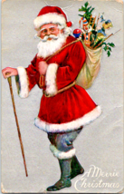 Postcard Santa Bag Toys Cane Silverback  Embossed  Merry Christmas Early 1900s - £9.87 GBP