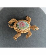 Vintage Turtle Brooch Painted Porcelain Cab Body Gold Tone Pink Rose Gre... - $23.00