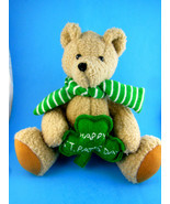 Happy St Pat's Day Teddy Bear with Green Shamrock OAK 9" Sitting Handcrafted - $14.84