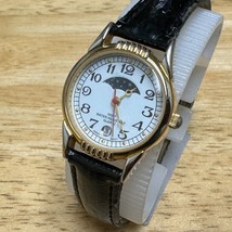 VTG White Tag Quartz Watch Women Moon Phase Gold Tone Date Leather New Battery - £30.36 GBP