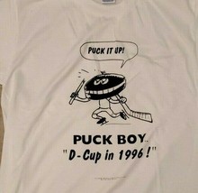 Vintage Single Stitch Puck It Up Ice Hockey White T Shirt Size L Puck Bo... - £18.54 GBP