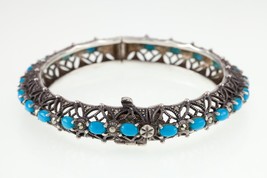 Beautiful Sterling Silver Turquoise and Marcasite  Bracelet 32.8g - £185.09 GBP