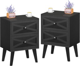 Lerliuo Nightstand Set Of 2, Black End Table With 2 Drawers Barn Door, Bedroom - £104.44 GBP