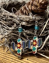 Fun Silver Tone Cactus Enamel Turquoise Green Bead Dangle Earrings Handmade NEW - £15.53 GBP