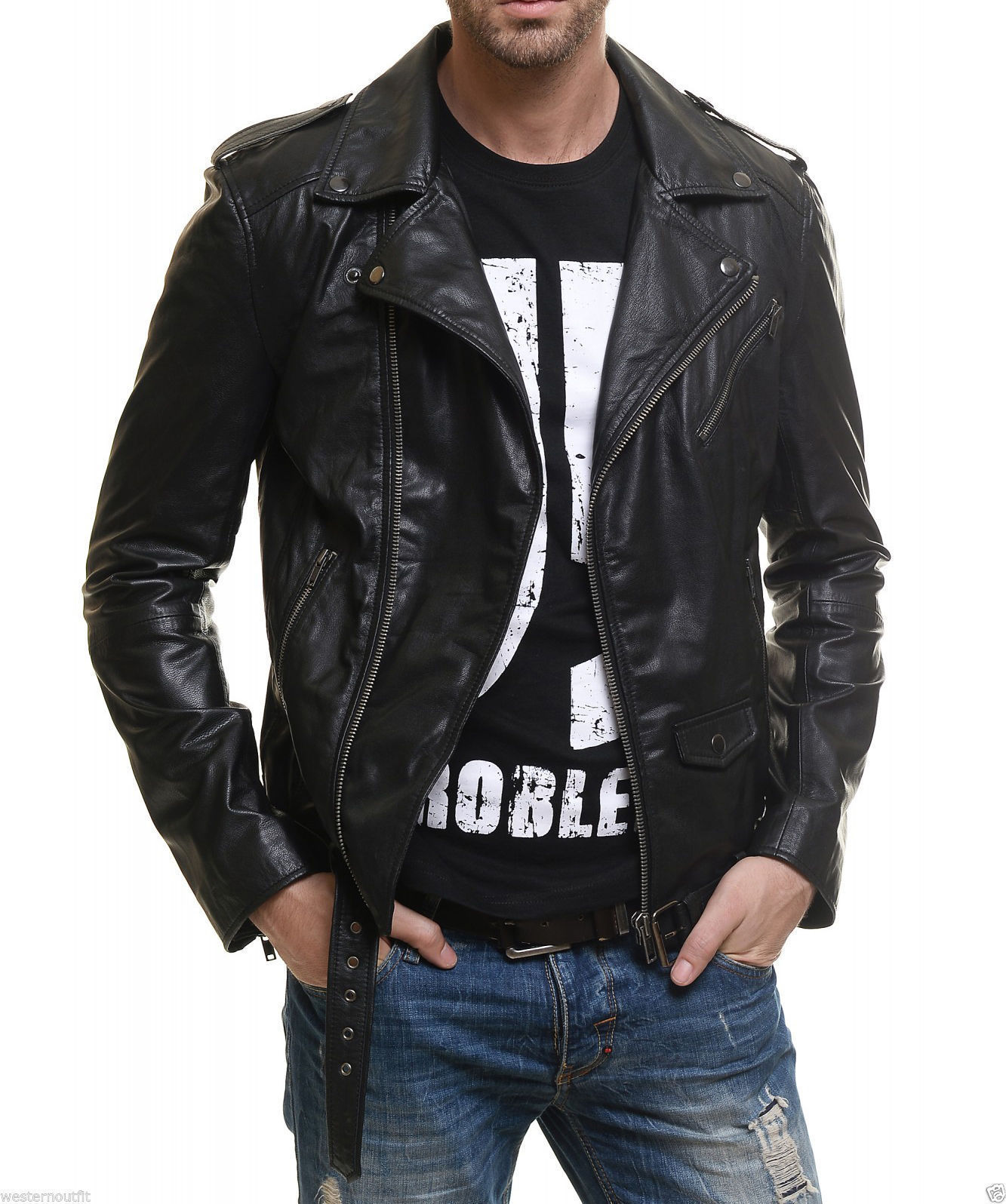 Man black biker jacket, Mens leather jacket, belted Leather jackets for men 2019
