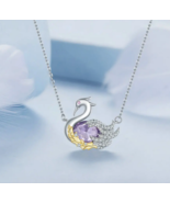 Platinum 925 Sterling Silver Luxury Purple Zircon Swan Pendant Necklace ... - £63.38 GBP