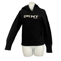 DKNY Black Knit Hoodie Sweater SMALL Silver Glitter Women&#39;s Casual - $21.60