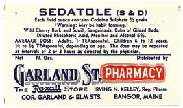 1 Antique Pharmacy Label SEDATOLE (S&amp;D) Garland St. Rexall Pharmacy Bang... - £18.07 GBP