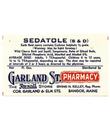 1 Antique Pharmacy Label SEDATOLE (S&amp;D) Garland St. Rexall Pharmacy Bang... - $37.27 CAD