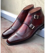 Handmade Men&#39;s Burgundy Brogue Toe Leather Boots, Men Double Monk Strap ... - £128.19 GBP+