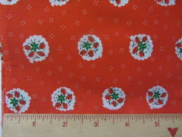 Vintage Red &amp; Green Holly Leaves &amp; Poinsettia 100% Cotton Fabric 1 1/4 Yards - £5.45 GBP