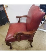 Antique Vintage Red Leather and Carved Owl Wood Armchair Law Office Chair - £387.22 GBP