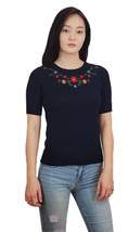 Black Short Sleeve Knit Top - Colorful Embroidered Flowers - Sz S, M, L ... - £20.83 GBP