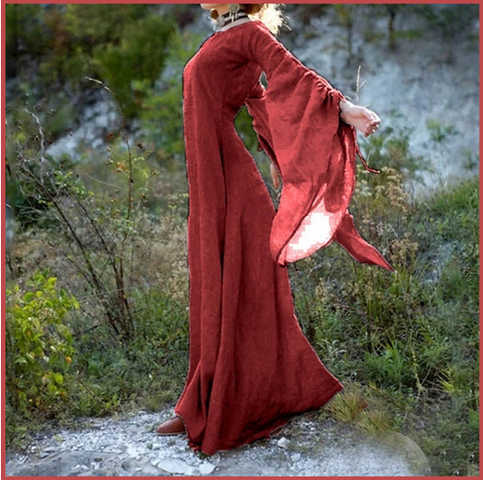 Medieval Wide Long Sleeved Floor Length Red Linen Gothic Chemise Undergarment