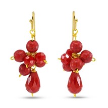 Sparkling Crystal Teardrops with Reconstructed Red Coral Dangle Earrings - £8.03 GBP